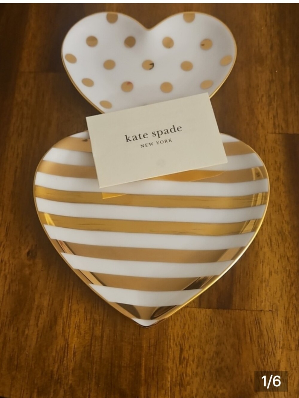kate spade White and Gold Striped Heart Dish Set Of 2